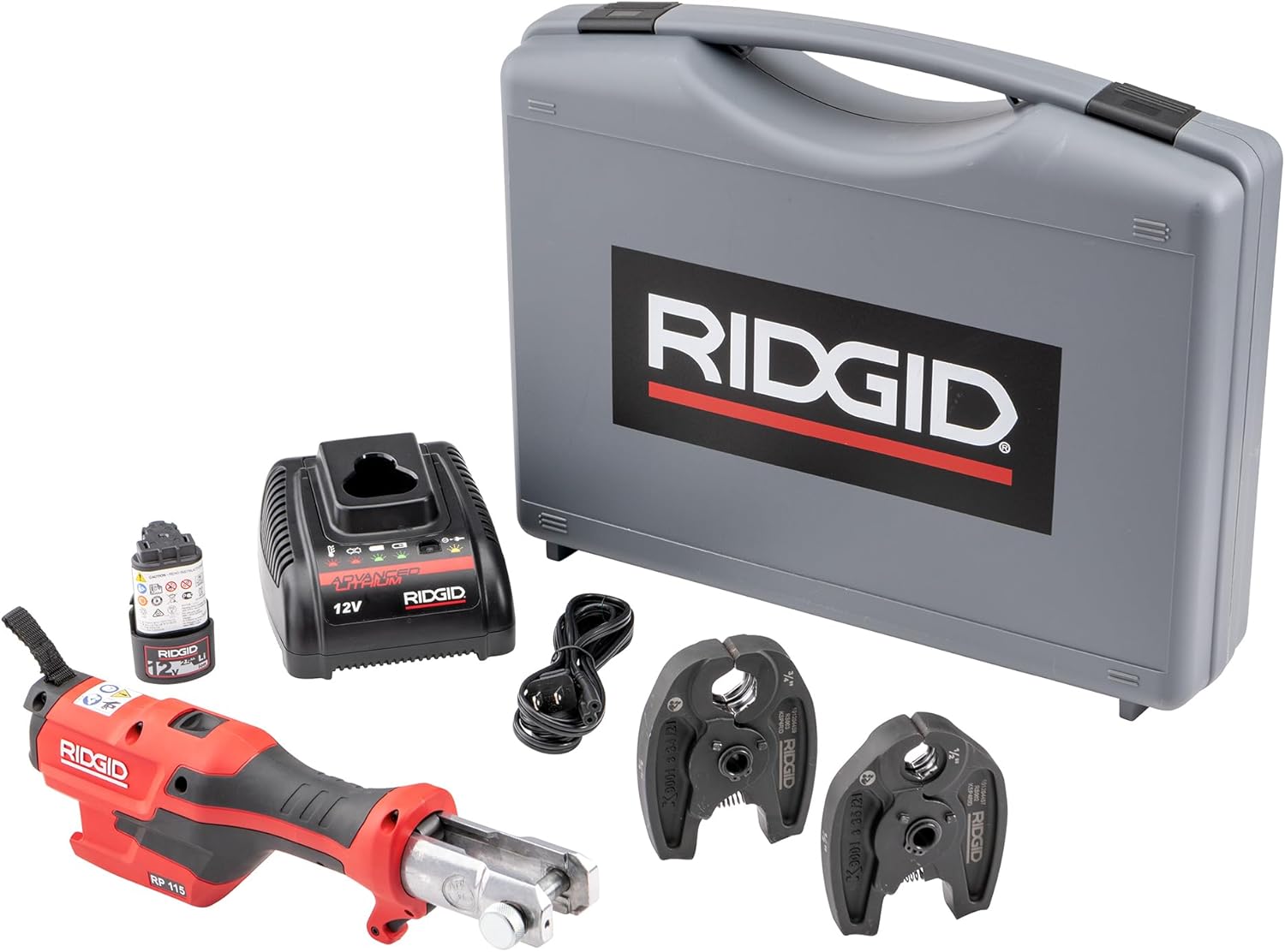 71nuWH6aojL._AC_SL1500_ RIDGID 72553 Model RP 115 Mini Press Tool and Battery Kit with 1/2" to 3/4" ProPress Press Tool Jaws - Image 1