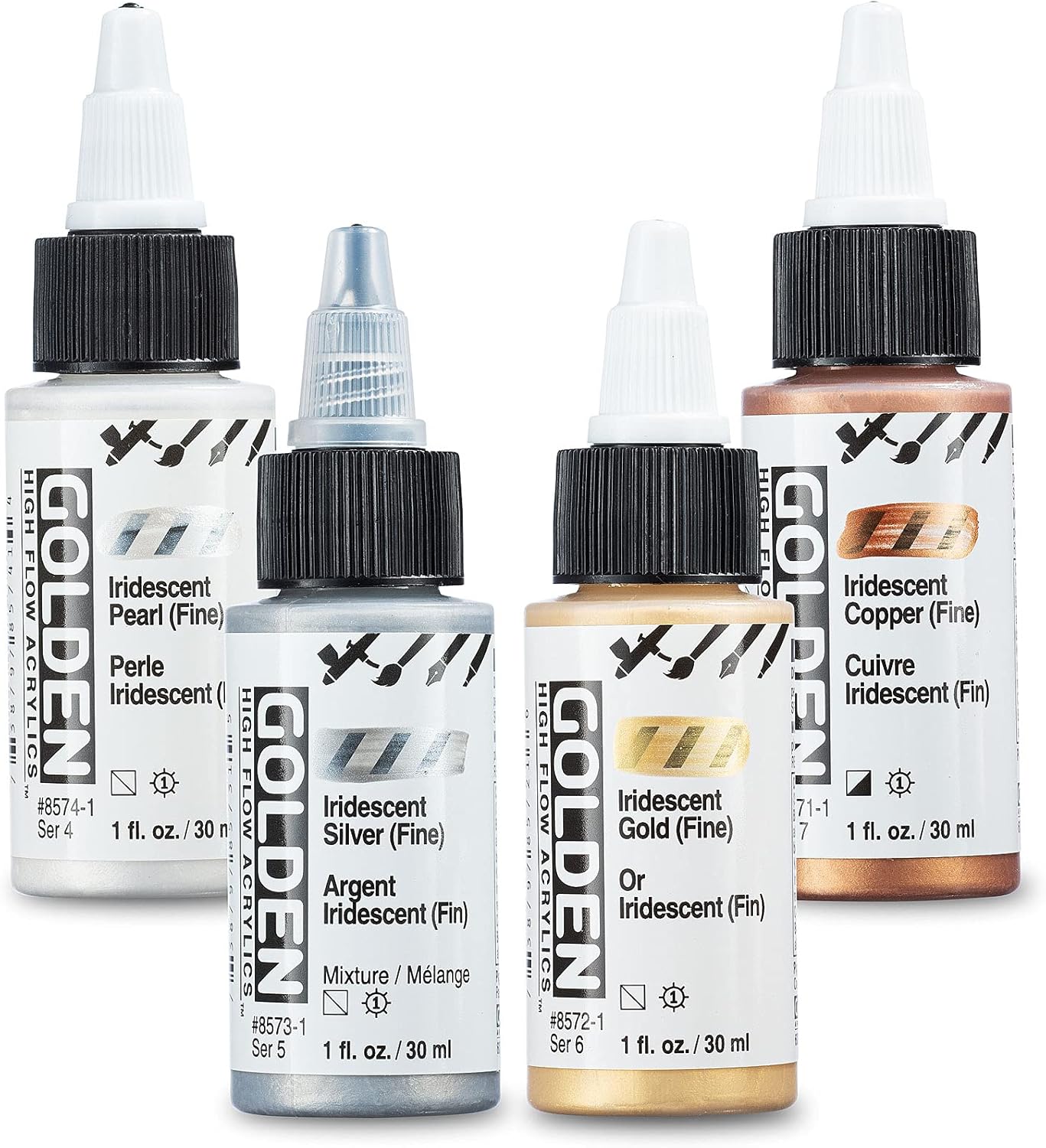 81DTJKeLTL._AC_SL1500_ Golden Acrylics High Flow Acrylic Paint Set - 4 Iridescent Metallic Colors - Image 1