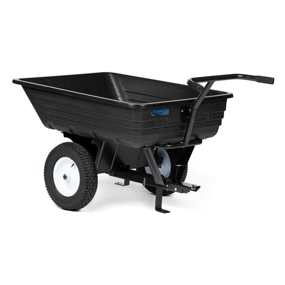Untitled design - 2026-06-03T043036.709 Titan Attachments 650 LB (10 Cu. Ft.) Economy Tow-Behind Poly Dump Cart for Lawn - Image 1