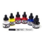 Daler-Rowney FW Acrylic Ink Bottle 6-Color Primary Set with Empty Marker - Acrylic Set of Drawing Inks for Artists and S